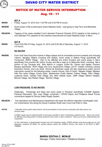 water interruption august 10-11-2012