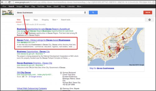 Davao Portal on Google's SERPs for the keywords "davao businesses".