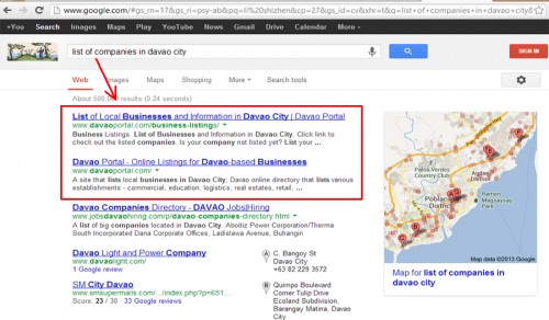 Davao Portal on Google's SERPs for the Keywords "list of companies in davao city"